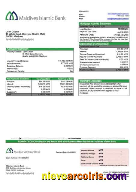 Realistic Maldives Islamic Bank Mortgage Statement Word And PDF Template