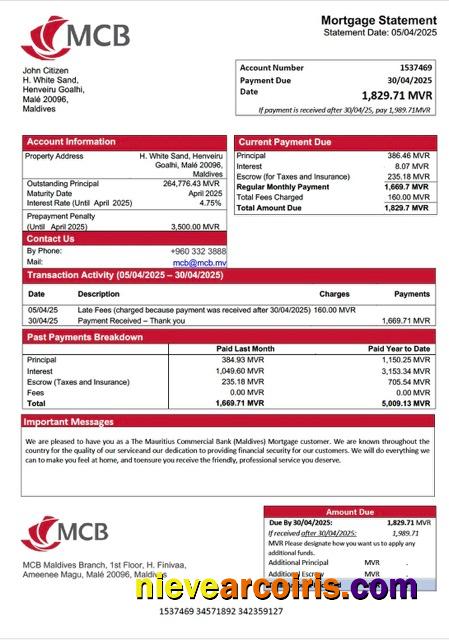 Professional Maldives The Mauritius Commercial Bank (Maldives) Mortgage Statement Word And PDF Template