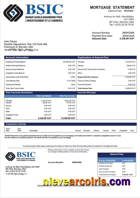 Realistic Mali BSIC Mali Mortgage Statement Word And PDF Template