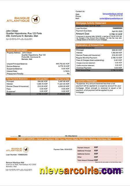 Premium Mali Banque Atlantique Mali Mortgage Statement Word And PDF Template