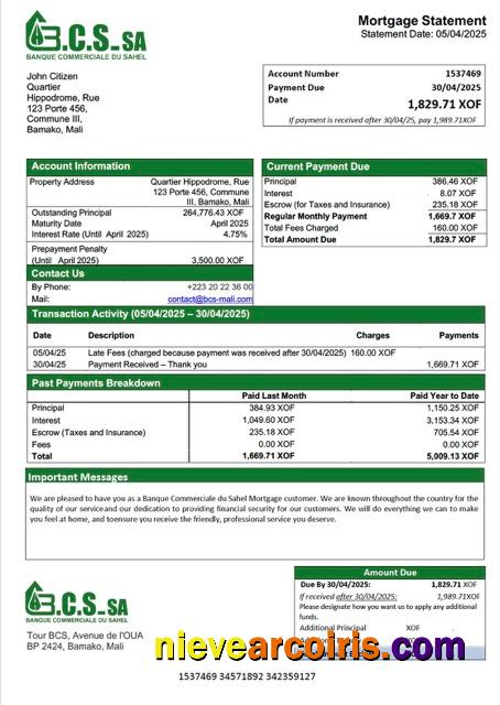 Editable Mali Banque Commerciale Du Sahel (BCS) Mortgage Statement Word And PDF Template