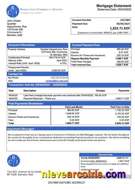 Editable Mali Banque Pour Le Commerce Et L'Industrie Du Mali (BCI Mali) Mortgage Statement Word And PDF Template
