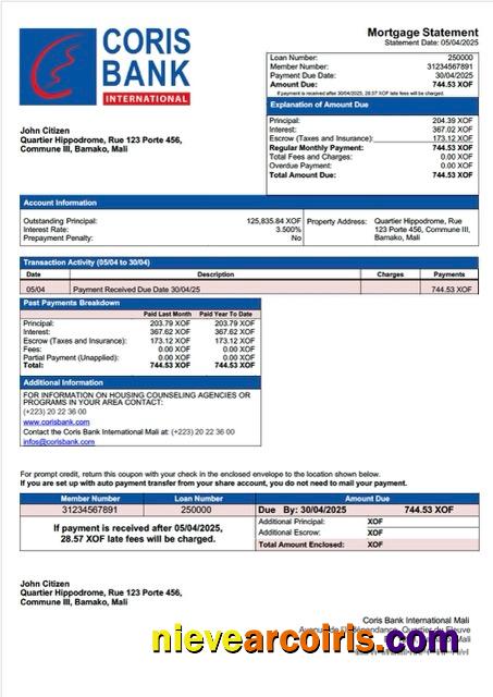 Realistic Mali Coris Bank International Mali Mortgage Statement Word And PDF Template
