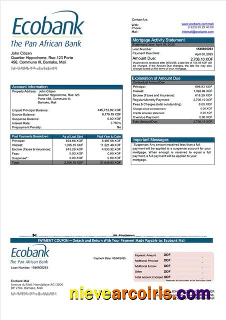 Realistic Mali Ecobank Mali Mortgage Statement Word And PDF Template
