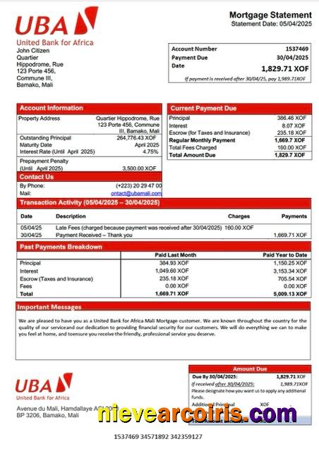 Editable Mali United Bank For Africa Mali Mortgage Statement Word And PDF Template