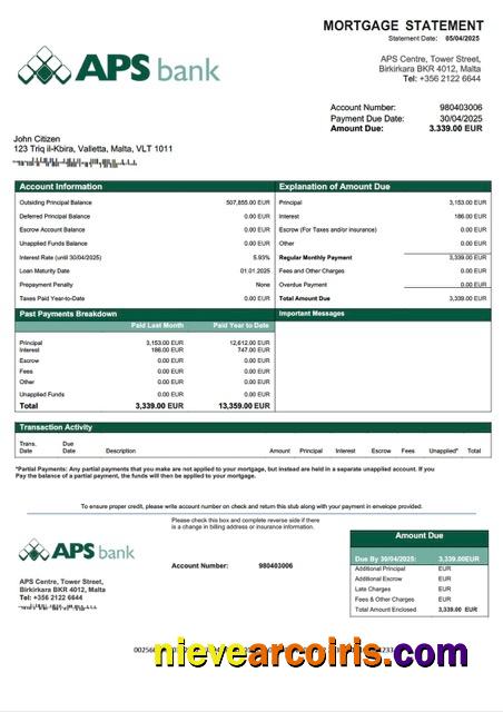 Realistic Malta APS Bank PLC Mortgage Statement Word And PDF Template