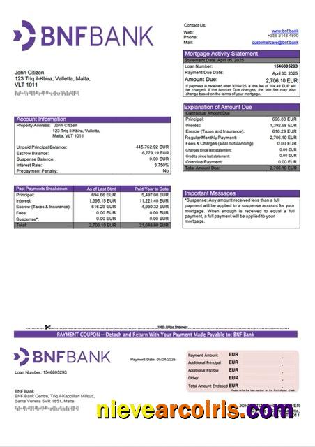 Realistic Malta BNF Bank Mortgage Statement Word And PDF Template