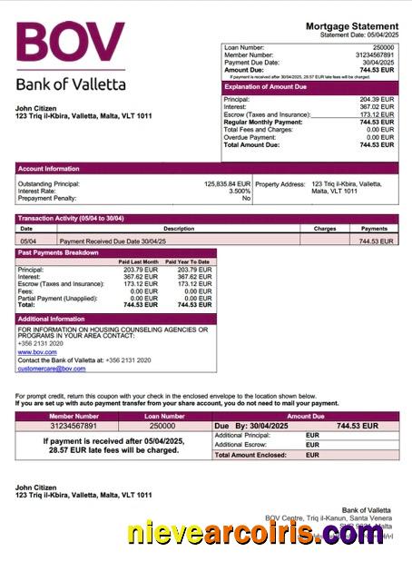 Realistic Malta Bank Of Valletta Mortgage Statement Word And PDF Template