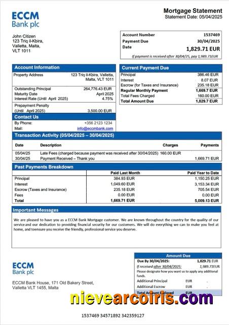 Editable Malta ECCM Bank Mortgage Statement Word And PDF Template