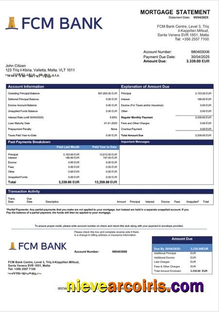 Editable Malta FCM Bank Mortgage Statement Word And PDF Template
