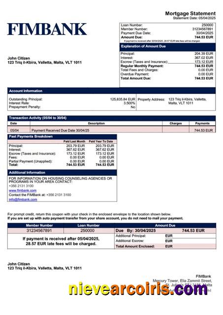 Editable Malta FIMBank Mortgage Statement Word And PDF Template
