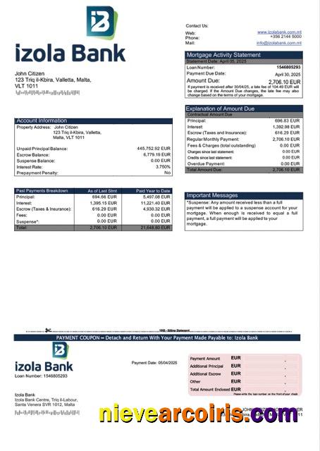 Professional Malta Izola Bank Mortgage Statement Word And PDF Template