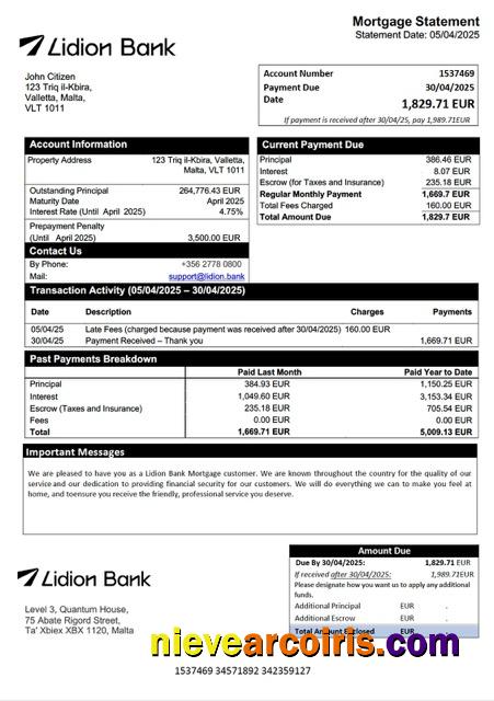 Editable Malta Lidion Bank Mortgage Statement Word And PDF Template