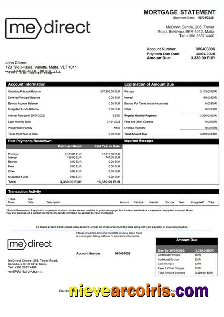 Professional Malta MeDirect Bank Mortgage Statement Word And PDF Template
