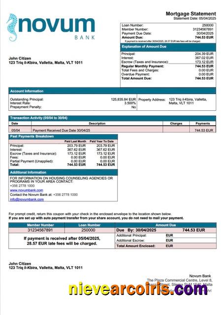Editable Malta Novum Bank Mortgage Statement Word And PDF Template