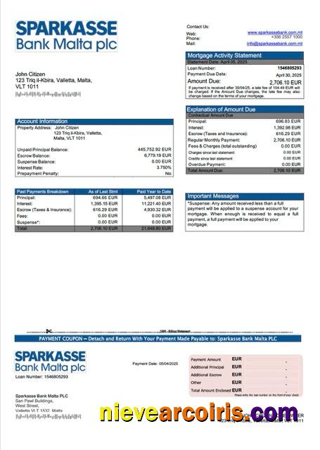 Premium Malta Sparkasse Bank Malta PLC Mortgage Statement Word And PDF Template