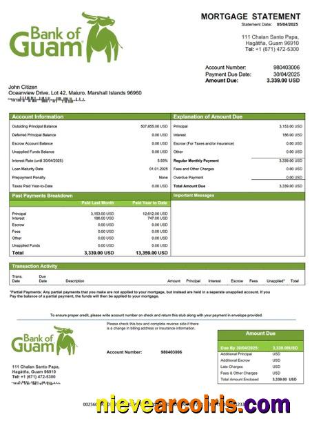 Realistic Marshall Islands Bank Of Guam Mortgage Statement Word And PDF Template