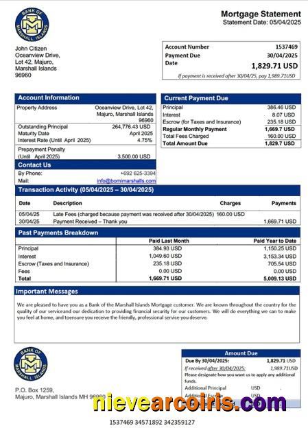 Realistic Marshall Islands Bank Of The Marshall Islands Mortgage Statement Word And PDF Template