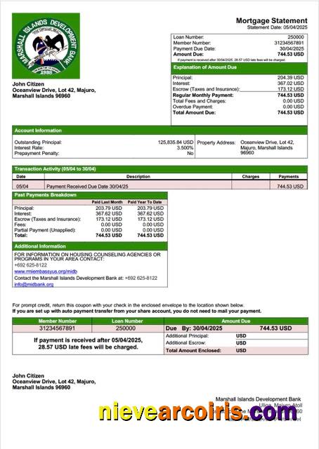 Realistic Marshall Islands Development Bank Mortgage Statement Word And PDF Template
