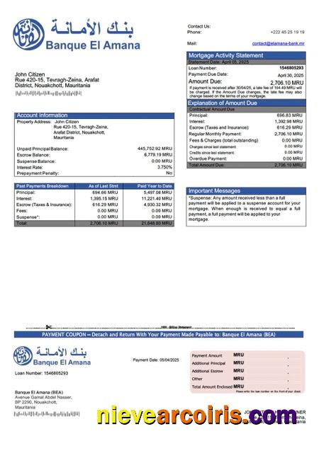 Professional Mauritania Banque El Amana (BEA) Mortgage Statement Word And PDF Template