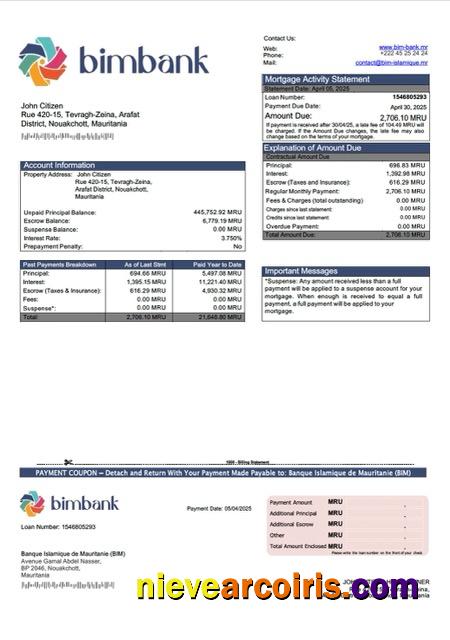 Editable Mauritania Banque Islamique De Mauritanie (BIM) Mortgage Statement Word And PDF Template
