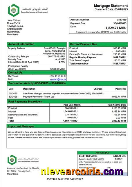 Realistic Mauritania Banque Mauritanienne De L'Investissement (BMI) Mortgage Statement Word And PDF Template