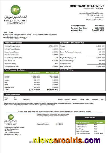 Premium Mauritania Banque Populaire De Mauritanie (BPM) Mortgage Statement Word And PDF Template