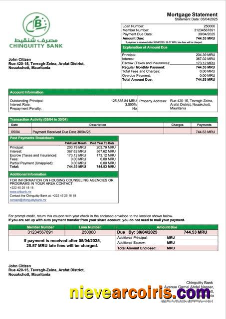 Realistic Mauritania Chinguitty Bank Mortgage Statement Word And PDF Template