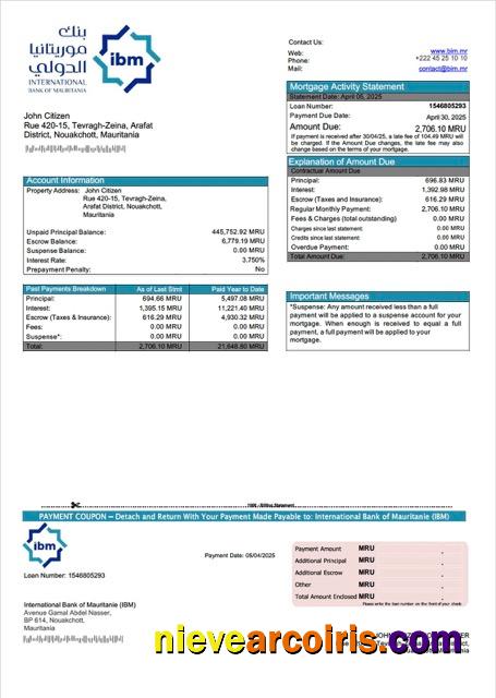 Realistic Mauritania International Bank Of Mauritanie (IBM) Mortgage Statement Word And PDF Template
