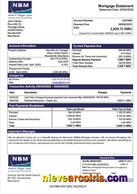 Editable Mauritania Nouvelle Banque De Mauritanie (NBM) Mortgage Statement Word And PDF Template