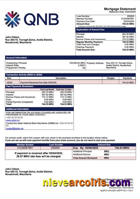 Realistic Mauritania Qatar National Bank Mauritanie (QNBM) Mortgage Statement Word And PDF Template