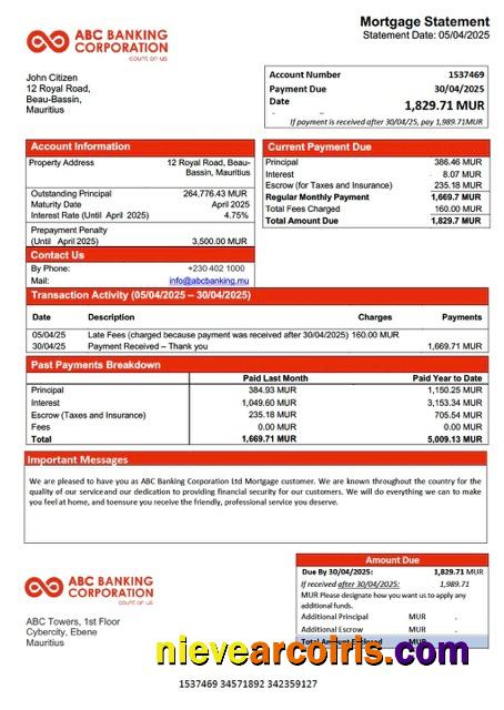 Professional Mauritius ABC Banking Corporation Ltd Mortgage Statement Word And PDF Template