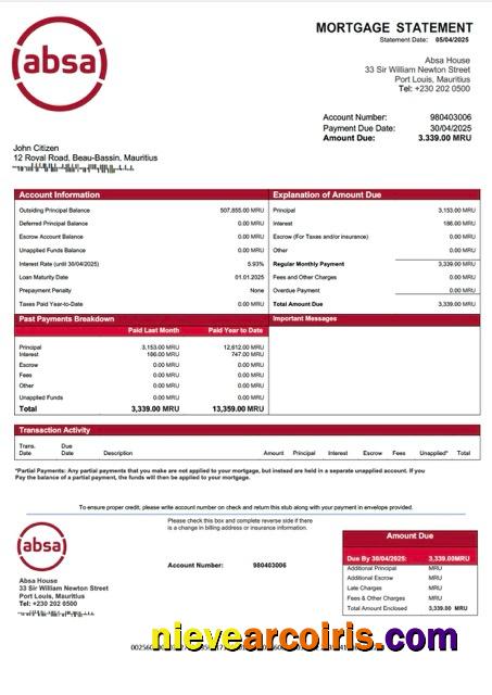 Realistic Mauritius Absa Bank Mortgage Statement Word And PDF Template