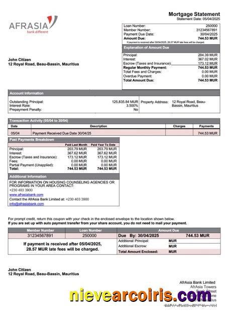 Editable Mauritius AfrAsia Bank Limited Mortgage Statement Word And PDF Template