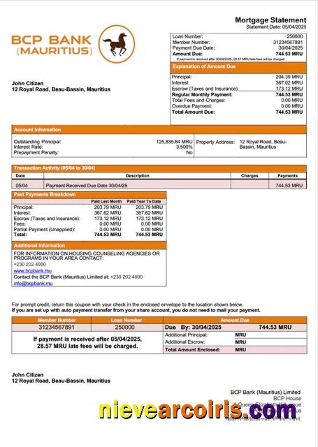 Editable Mauritius BCP Bank (Mauritius) Limited Mortgage Statement Word And PDF Template