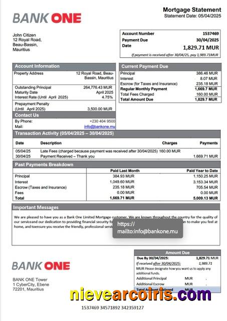 Editable Mauritius Bank One Limited Mortgage Statement Word And PDF Template