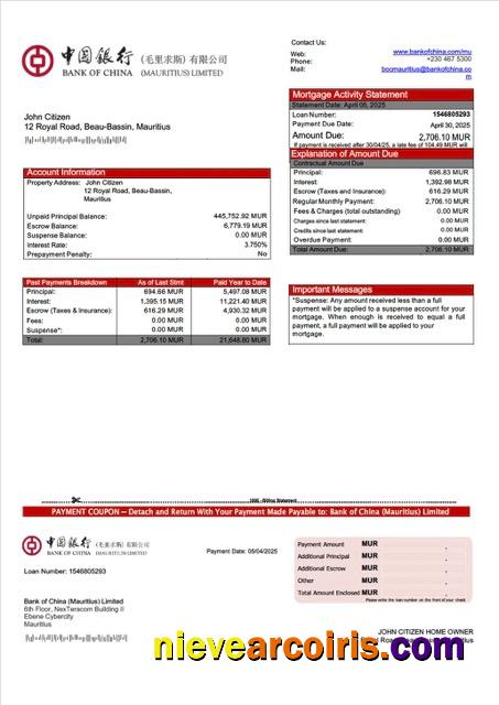 Realistic Mauritius Bank Of China (Mauritius) Limited Mortgage Statement Word And PDF Template
