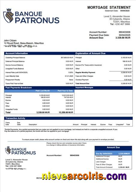 Editable Mauritius Banque Patronus Limitée Mortgage Statement Word And PDF Template
