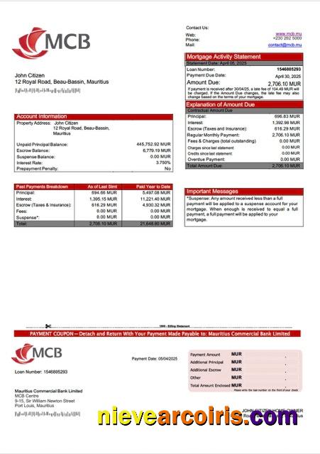 Realistic Mauritius Commercial Bank Limited Mortgage Statement Word And PDF Template
