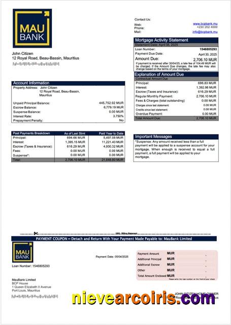 Editable Mauritius MauBank Limited Mortgage Statement Word And PDF Template