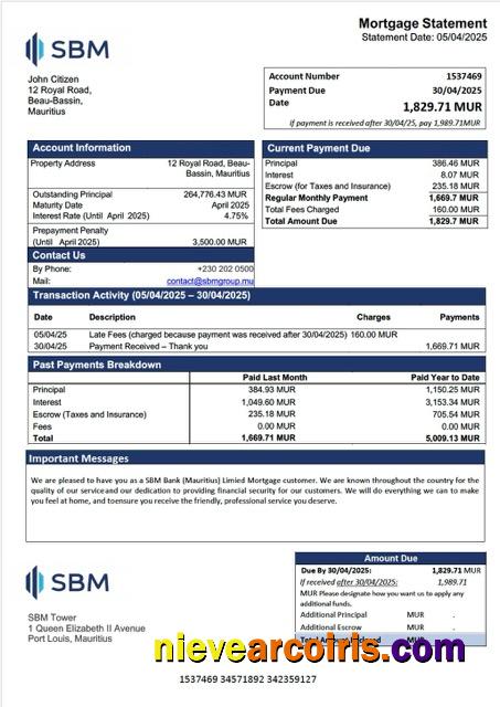 Professional Mauritius SBM Bank (Mauritius) Limited Mortgage Statement Word And PDF Template