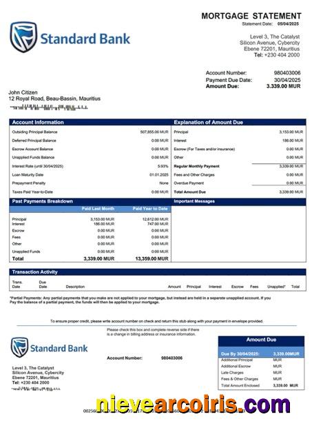 Editable Mauritius Standard Bank (Mauritius) Limited Mortgage Statement Word And PDF Template