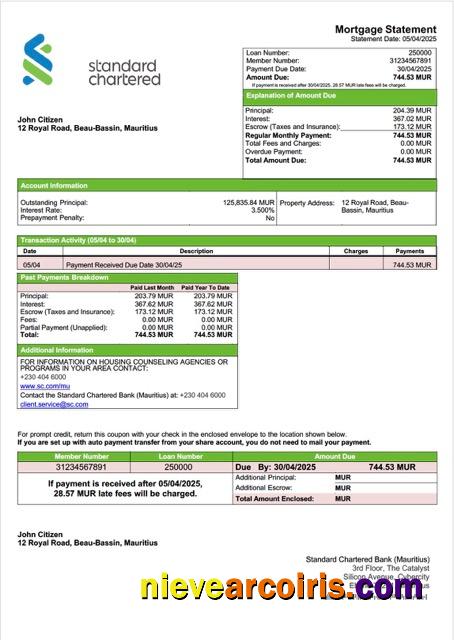 Realistic Mauritius Standard Chartered Bank (Mauritius) Mortgage Statement Word And PDF Template