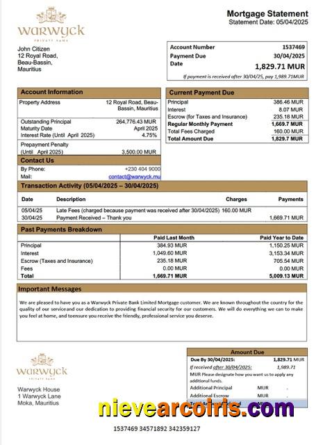 Premium Mauritius Warwyck Private Bank Limited Mortgage Statement Word And PDF Template