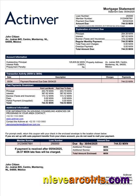 Professional Mexico Actinver Mortgage Statement Word And PDF Template