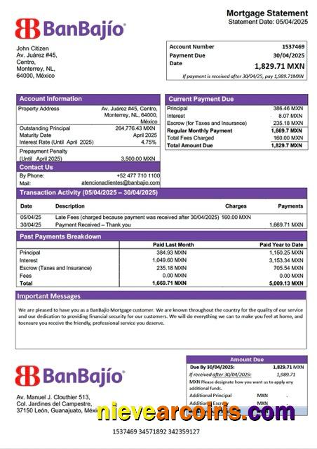 Editable Mexico BanBajío Mortgage Statement Word And PDF Template