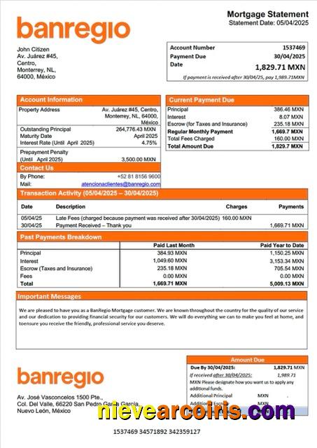 Realistic Mexico BanRegio Mortgage Statement Word And PDF Template