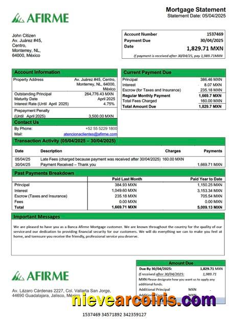 Professional Mexico Banca Afirme Mortgage Statement Word And PDF Template