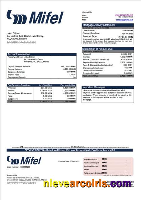 Editable Mexico Banca Mifel Mortgage Statement Word And PDF Template