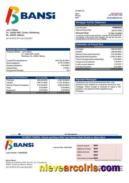 Professional Mexico Banco Bansi Mortgage Statement Word And PDF Template